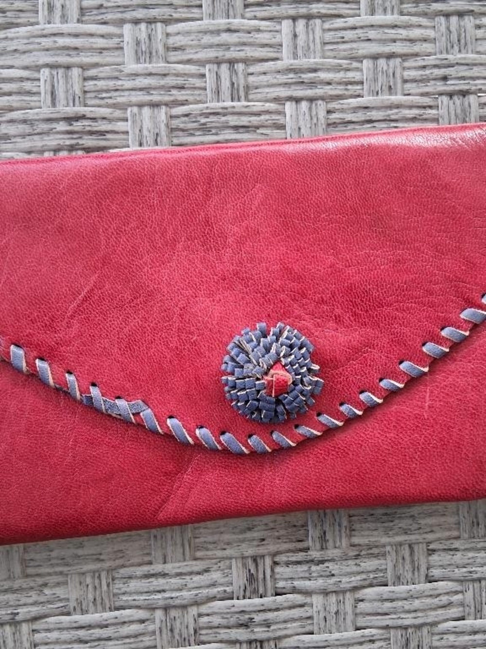 Rose Colored Women's Leather Envelope Clutch with Blue Leather Accent